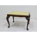 Mahogany stool with upholstered top and carved cabriole legs, 46 x 72cm