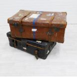 Two vintage leather travel suitcases, (2)