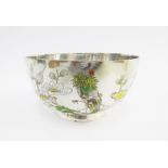 Chinese silver and enamel bowl with bird and flowers pattern, on a plain circular foot rim, 10cm