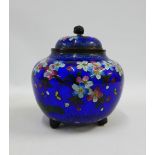 Japanese cloisonne jar and cover, with blue ground and cherry blossom pattern, the lid with a bronze