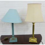 Brass Corinthian column table lamp base and shade together with another in blue wood, (2)