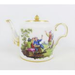 Continental teapot with white ground and gilt edge rims and hand painted with a scene of dice