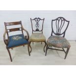 Three various side chairs to include a shield back chair, open armchair and an Edwardian pierced
