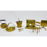 Collection of miniature brass items to include a fireplace, chair and tilt top table, etc (a lot)