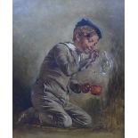 Unknown Artist Blowing Bubbles, oil on board, apparently unsigned, in an ornate giltwood frame