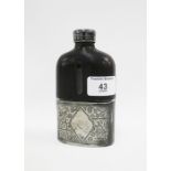 Pewter and leather covered glass hip flask, , with screw top, 14cm high
