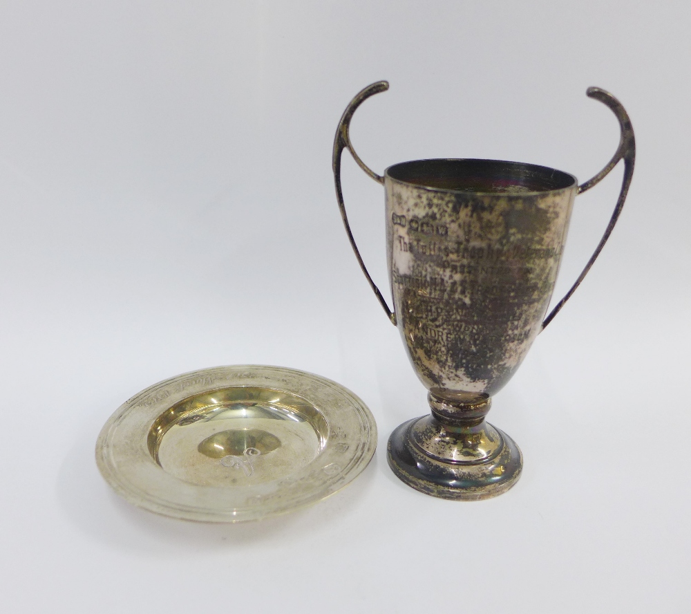 London silver Armada dish and a small Sheffield silver trophy cup, 12cm high (2)