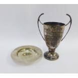 London silver Armada dish and a small Sheffield silver trophy cup, 12cm high (2)