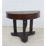 Mahogany demi lune table, the front support with carved knee and paw foot, 70 x 90cm