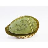 Cowrie shell snuff box with Epns mounts with an engraved harbour Scene, 9cm long