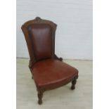 Mahogany framed chair with brown leatherette back and seat, 88 x 58cm