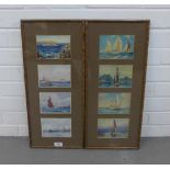 Two frames, each containing a group of four coloured postcards depicting racing yachts and other