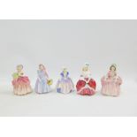 A collection of five Royal Doulton figures to include Peggy , Bo Peep and Wendy etc, tallest 13cm (