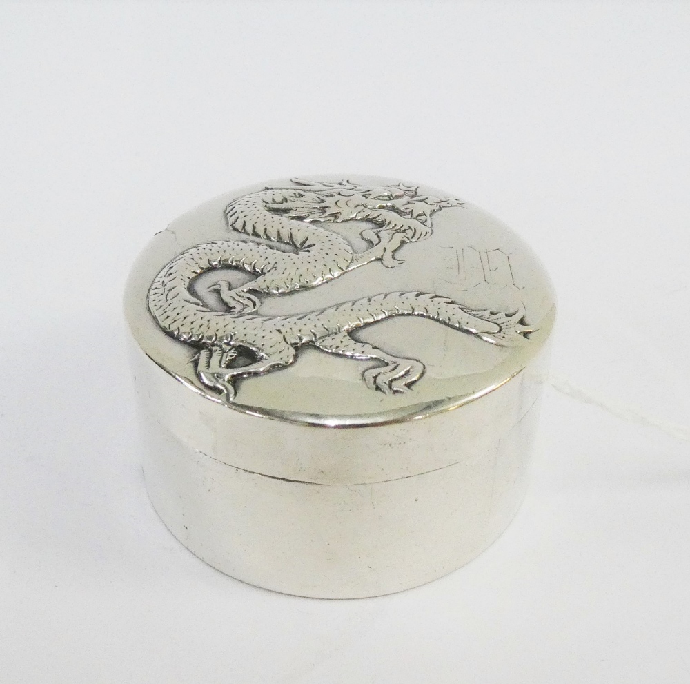 Chinese silver circular box and cover by Wang Hing, with gilt interior and dragon pattern to the