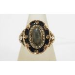 Antique gold Mourning ring, with oval plaque with a surround of seed pearls, on an unmarked