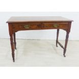 19th century mahogany and burr wood table with two frieze drawers and turned supports, ceramic