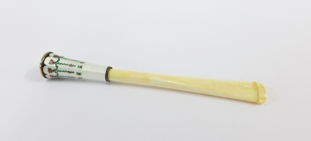 Enamel and ivory cheroot, in fitted case, 11cm long