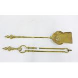 Brass fireside companion set comprising a shovel and tongs, 68cm long (2)