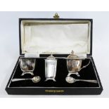 Silver three piece condiment set, Lanson Ltd, Birmingham 1940, in fitted case, complete with