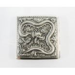 Chinese white metal cigarette case, chased with a dragon pattern, 9 x 9cm