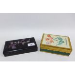 Lacquered box, the cover abalone inlaid with a bird and blossom pattern, together with a floral