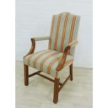 Mahogany framed open armchair with striped upholstered back, arms and seat, 110 x 64cm