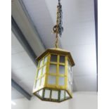 Hexagonal brass and glass panelled lantern light fitting
