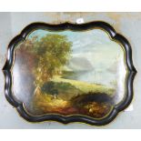 Victorian painted papier mache tray by Walton & Co, depicting a scene of Loch Leven within a