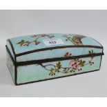 Japanese cloisonne box of rectangular shape, the pale blue ground with pattern of cherry tree