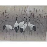 20th Century Japanese woodblock print of Cranes, with red seal mark and character marks, in a glazed