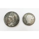 Queen Victoria silver Crown 1889 and a Queen Victoria half Crown coin, 1883 (2)