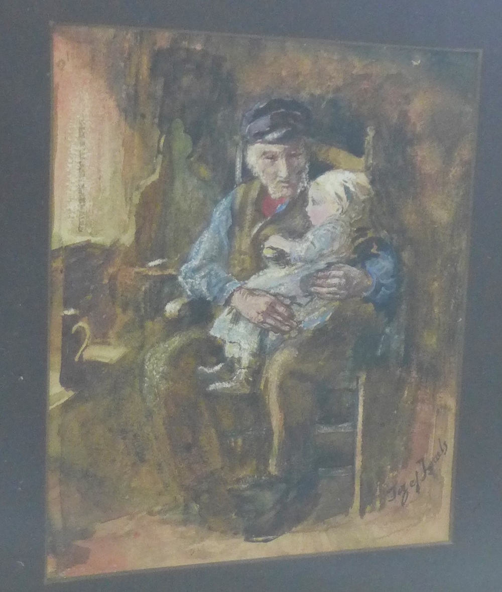 Attributed to Josef Israels (1824 - 1911) Man and child in an interior setting Watercolour, bears