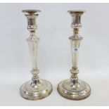A pair of silver plate on copper knop stemmed candlesticks, 32cm high (2)