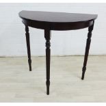 Mahogany demi lune table on fluted legs, 76 x 76cm