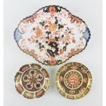 Bloor Derby Imari serving dish and a Royal Crown Derby Imari dish and saucer, largest 28cm long (3)