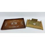 Early 20th century rosewood and ivory inlaid rectangular tray together with a desk stationery rack