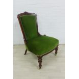 Victorian mahogany framed chair with green velour upholstered back and seat, on fluted legs with