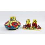 Old Tupton Ware Poppy patterned cruet set together with a matching vase, both boxed (2)