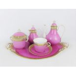 19th century pink and white glazed porcelain breakfast set with gilt Greek Key border comprising