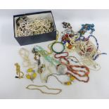 Carton containing a quantity of costume jewellery beads, faux pearls and necklaces, etc (a lot)