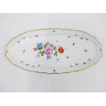 Meissen white glazed oval platter with hand painted floral sprays and insects, moulded rim and