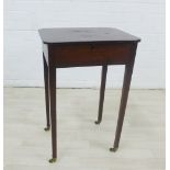 Mahogany sewing table with lift up top, on square tapering legs with brass caps and castors, 66 x