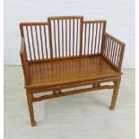 Chinese elm settee / bench, with slatted back, solid seat and stylised supports, 98 x 95cm