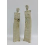 Pair of Art Pottery stoneware figures of elongated form, one with incised floral pattern and th