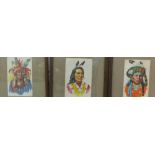 Group of three printed fabric panels depicting Native American Indians, framed 10 x 15.5cm (3)