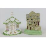 Staffordshire pottery cottage and a Coalport Gate house, tallest 13cm high (2)