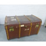 Vintage wooden bound travel trunk with brass fittings
