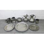 Carton containing a quantity of pewter wares to include a coffee pot, circular serving dishes,