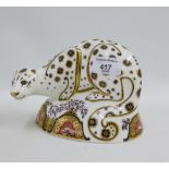 Royal Crown Derby Snow Leopard paperweight, with gold stopper, 15 x 18cm