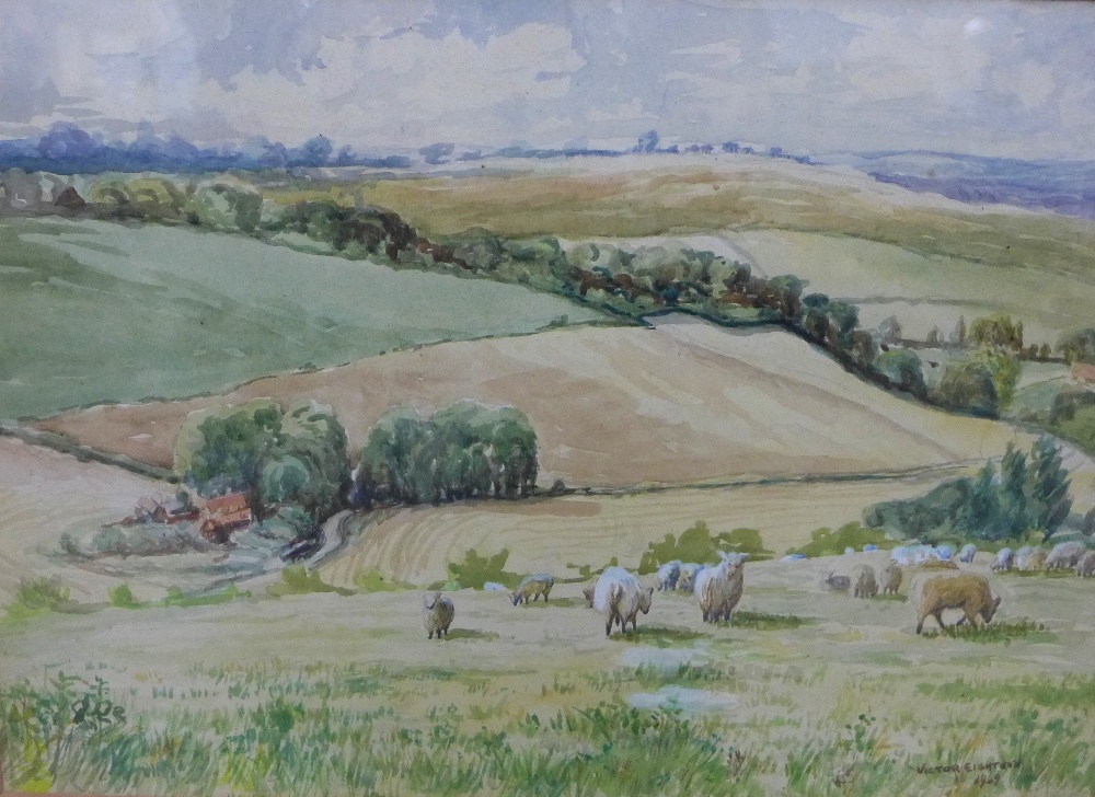 Victor Eighteen, Grazing Sheep, Watercolour, signed and dated 1949, in a glazed frame, 34 x 24cm